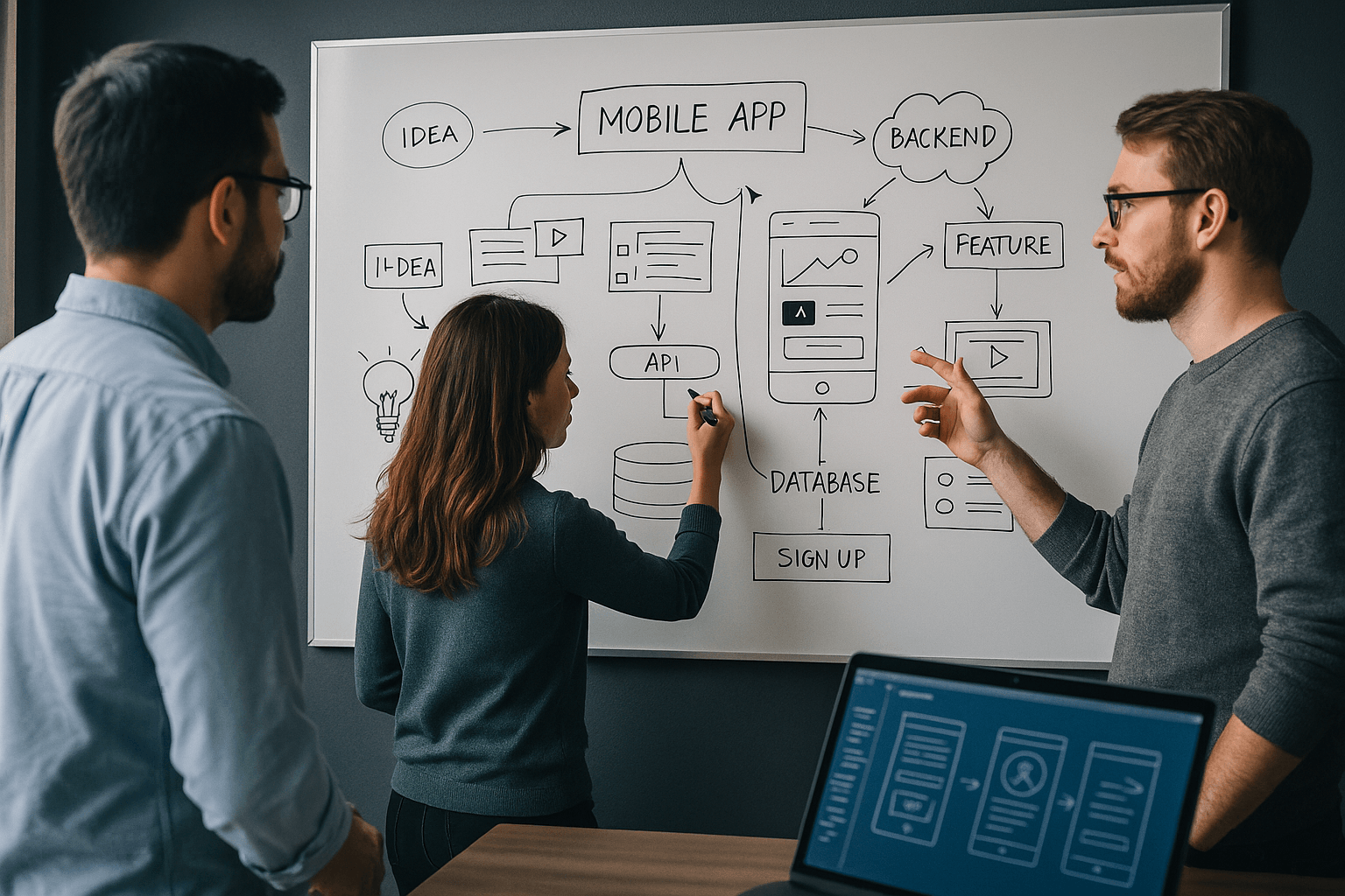 AlchemyApps team planning a mobile app strategy on a whiteboard - Strategy-First Software Consulting