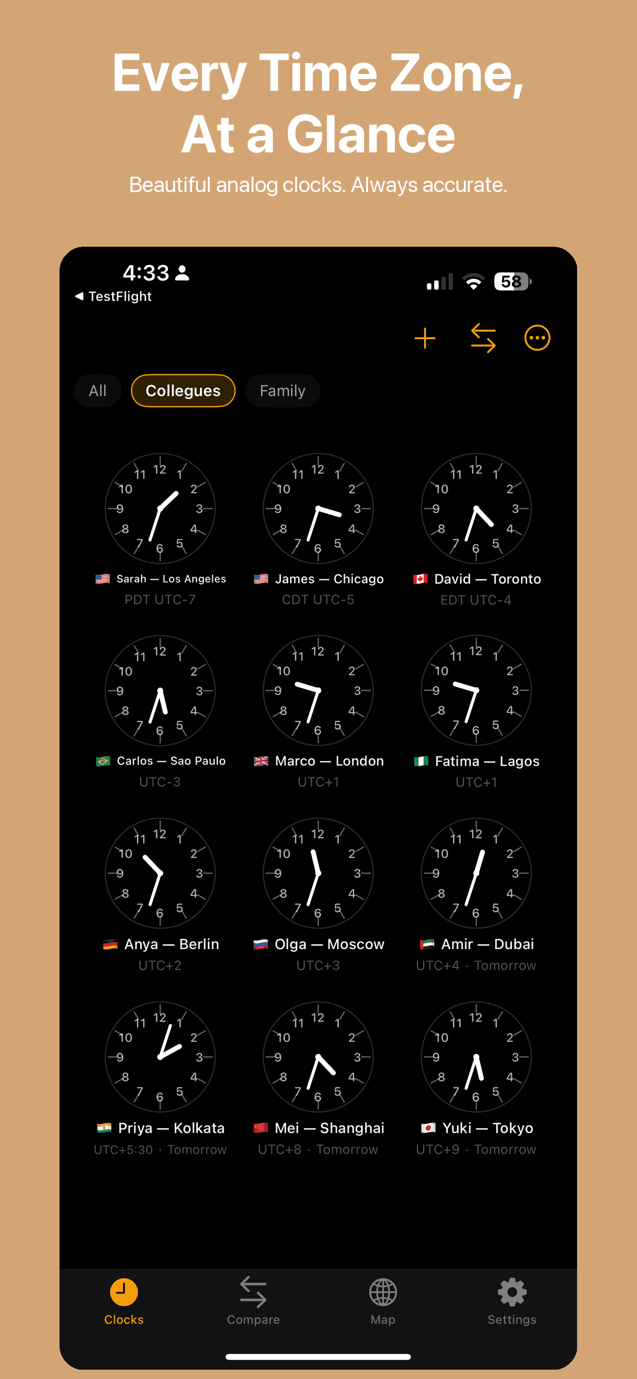 Your world at a glance — grid of analog clocks showing times for cities worldwide