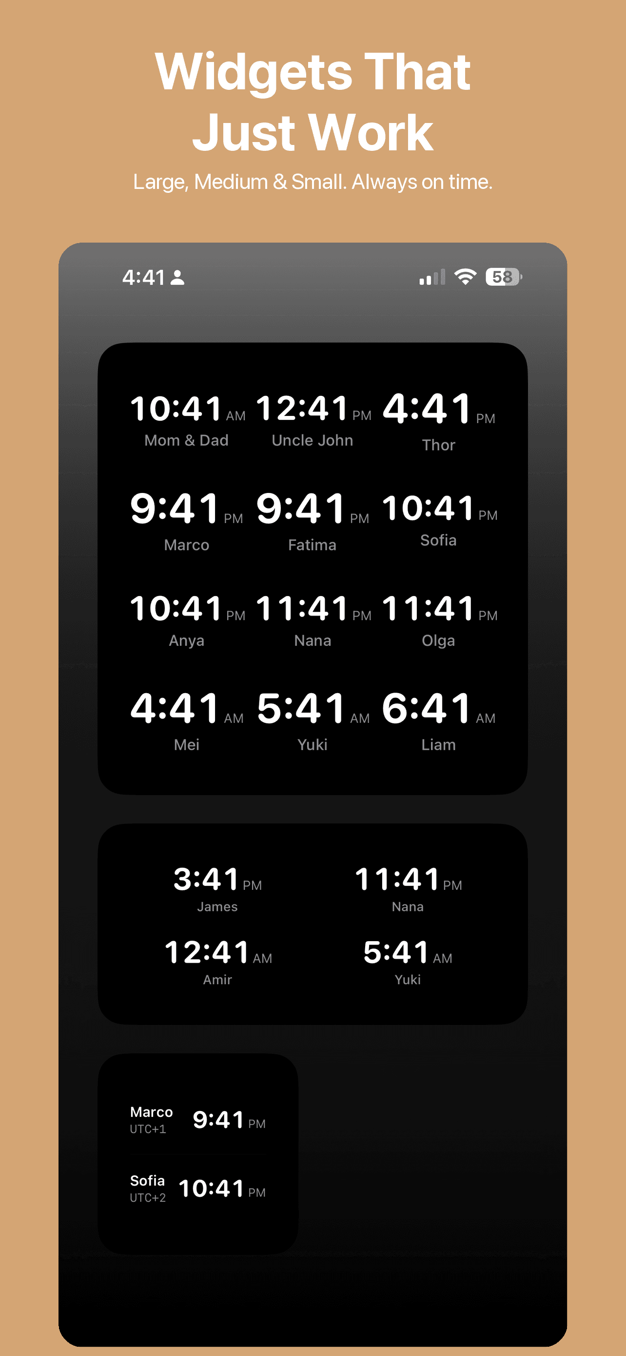 Digital-style home screen widgets showing multiple time zones