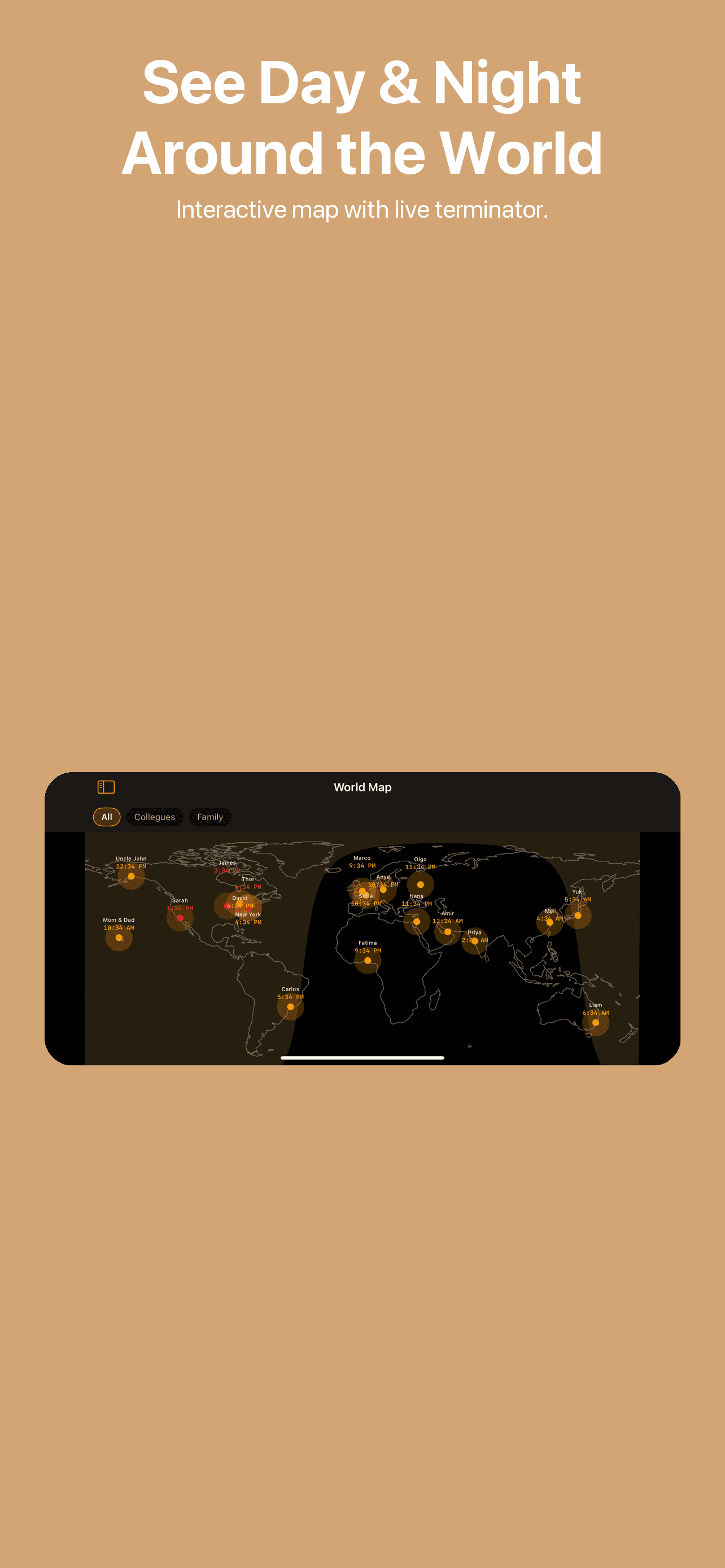 Interactive world map with live day and night terminator