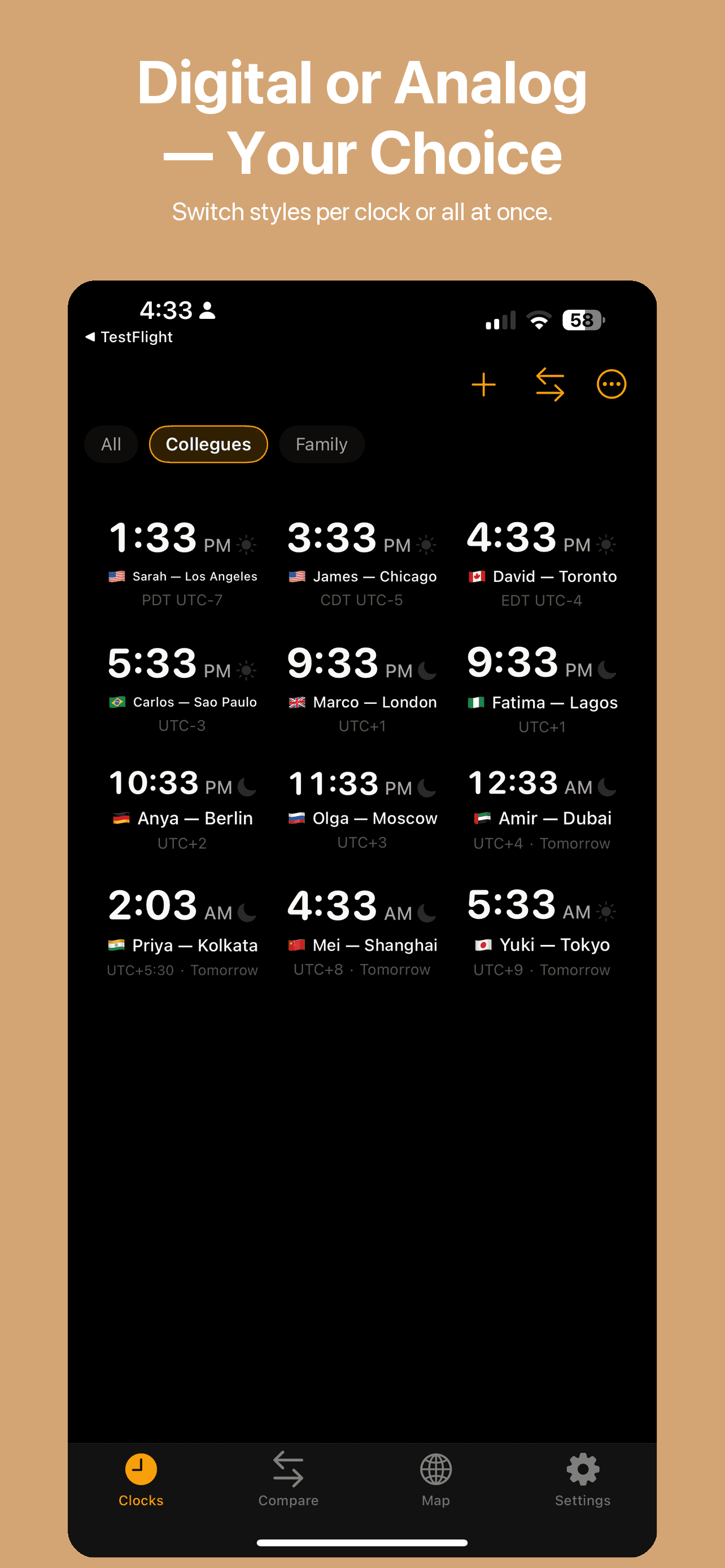 Digital clock face grid showing named clocks across time zones