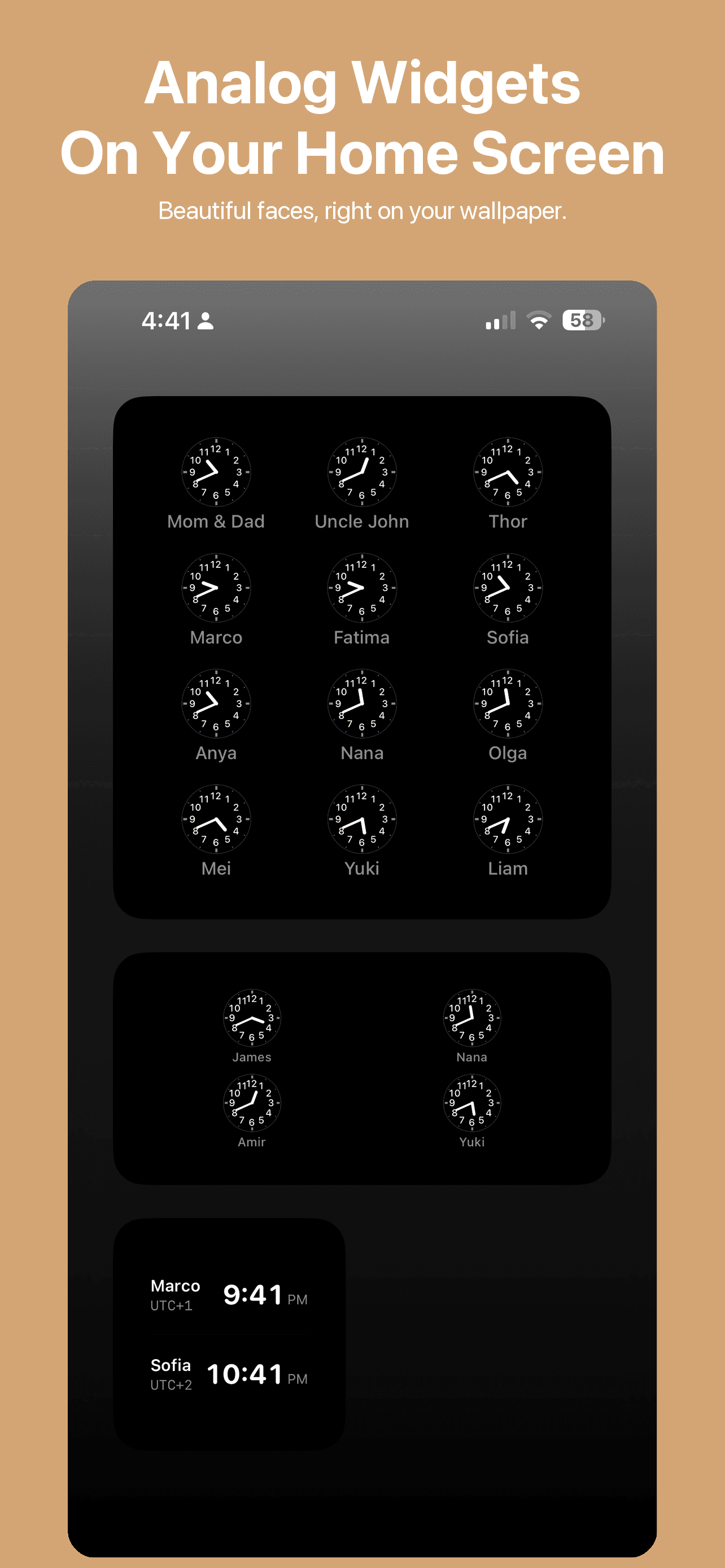 Analog-style home screen widgets in multiple sizes