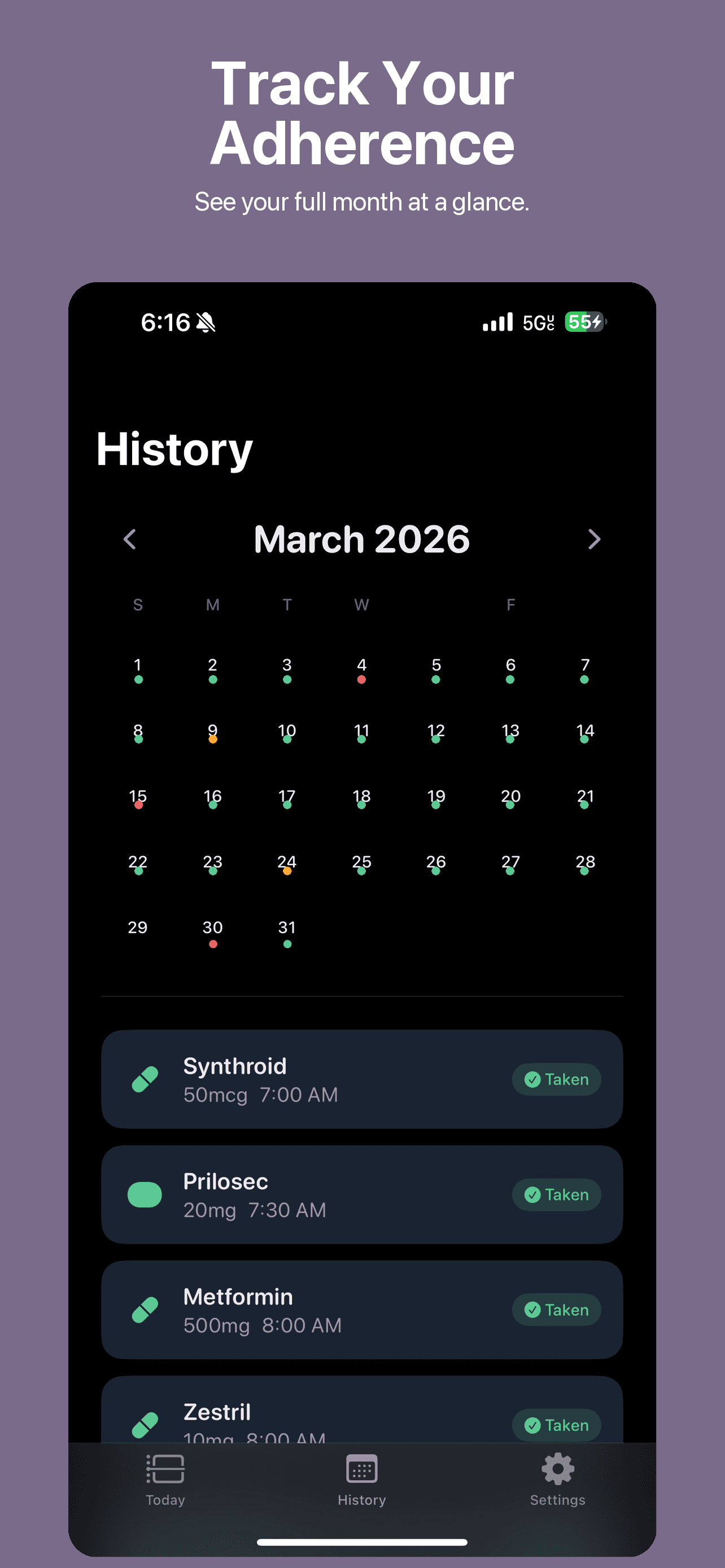 Calendar view of medication history