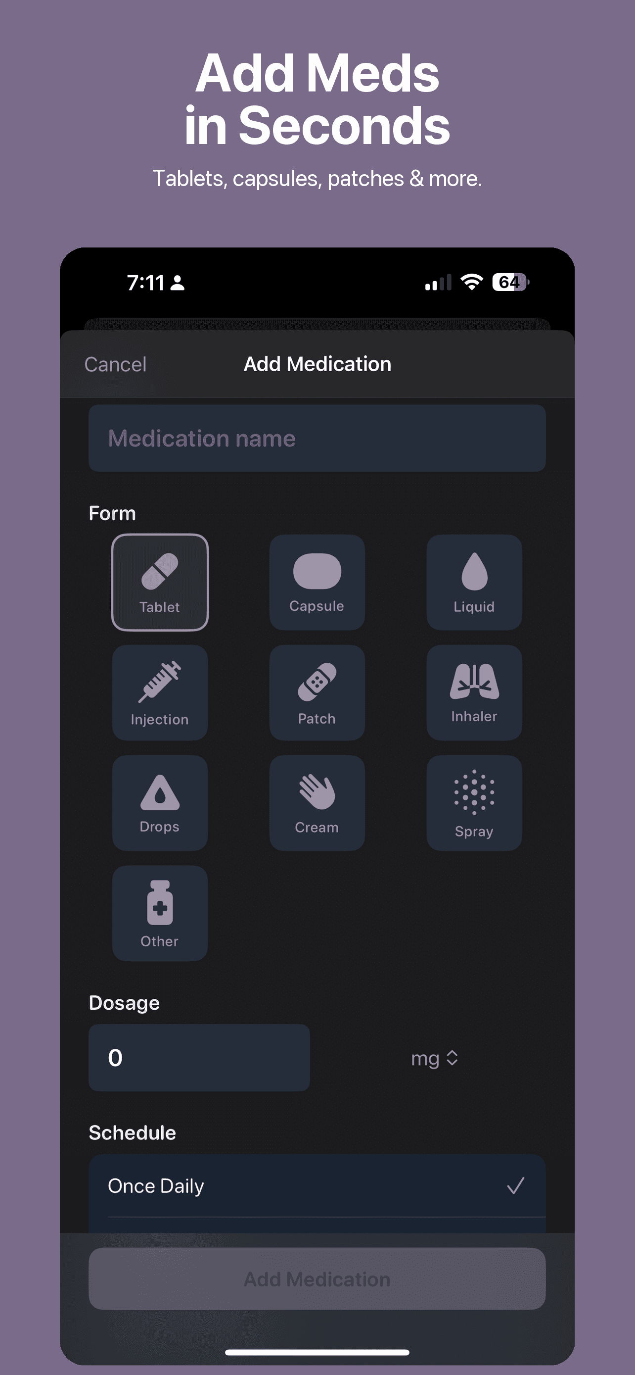 Add new medication screen